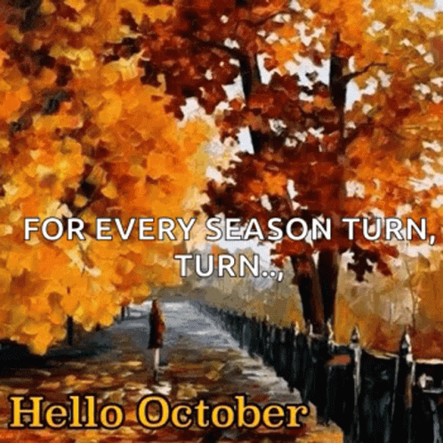 A Painting Of A Woman Walking Down A Path Surrounded By Trees With Autumn Leaves GIF