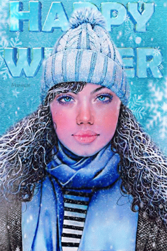 A Painting Of A Woman Wearing A Hat And Scarf With The Words Happy Winter Above Her GIF