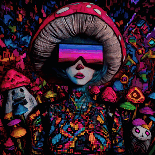 A Painting Of A Woman Wearing A Mushroom Hat And Sunglasses GIF