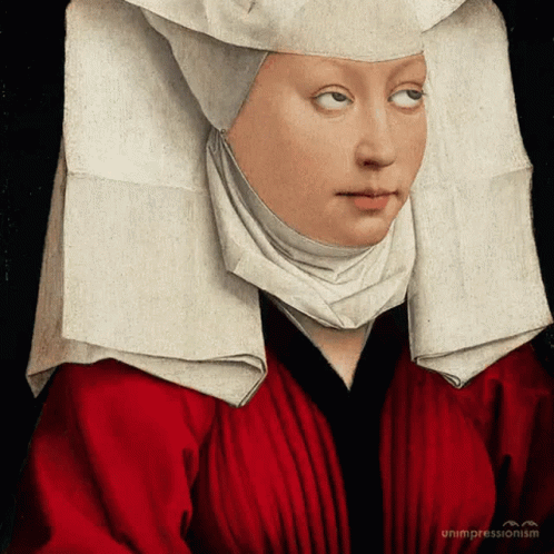 A Painting Of A Woman Wearing A Red Dress And A White Headpiece GIF