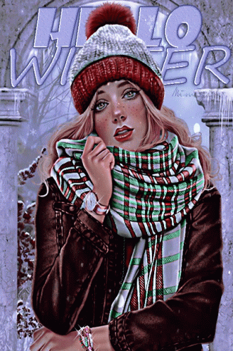 A Painting Of A Woman Wearing A Scarf And A Hat With The Words Hello Winter Behind Her GIF