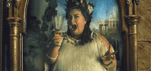 A Painting Of A Woman With A Crown Of Flowers On Her Head Holding A Glass Of Wine . GIF