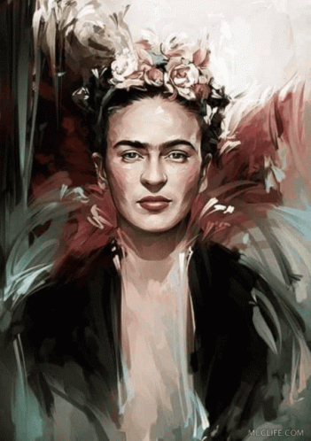 A Painting Of A Woman With A Flower Crown On Her Head Is On A Muglife.com Website GIF