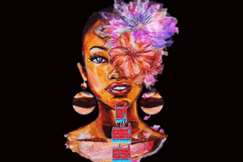 A Painting Of A Woman With A Flower In Her Hair And The Words Proud Caribbean American Below It GIF