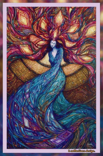 A Painting Of A Woman With A Long Blue Dress And A Purple Background GIF