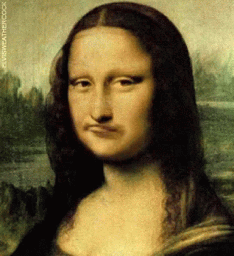 A Painting Of A Woman With A Mustache And The Words Elvis Weathercock Below It GIF
