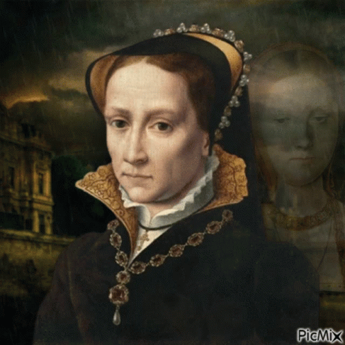 A Painting Of A Woman With A Necklace And A Picmix Watermark GIF