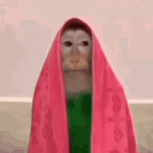 a painting of a woman with a pink scarf over her head