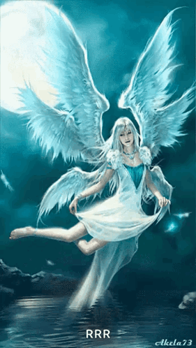 A Painting Of A Woman With Angel Wings And The Letters Rrr On The Bottom GIF
