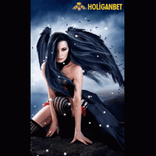 Woman With Black Wings And Holiganbet Text GIF