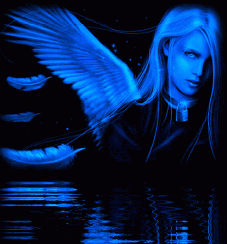 A Painting Of A Woman With Blue Wings And Feathers GIF