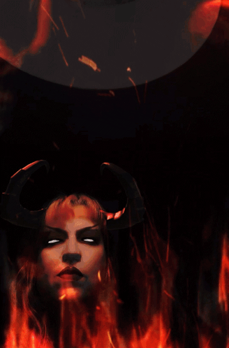 A Painting Of A Woman With Flames Behind Her And The Website Www.mightylancergames.co.uk At The Bottom GIF