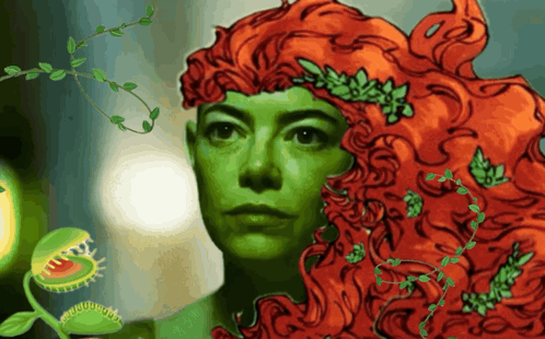 a painting of a woman with green hair and a carnivorous plant behind her