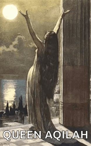 A Painting Of A Woman With Her Arms Outstretched And The Words Queen Aqilah Written Below Her GIF