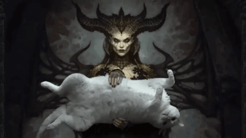 A Painting Of A Woman With Horns Holding A Cat GIF