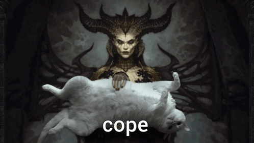 A Painting Of A Woman With Horns Holding A White Cat With Cope Written Below It GIF