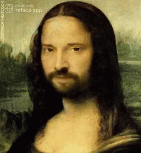 A Painting Of A Woman With Long Hair And A Beard Made With The Reface App . GIF