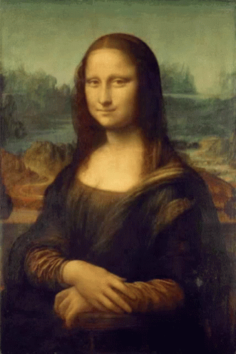 A Painting Of A Woman With Long Hair And A Landscape In The Background GIF