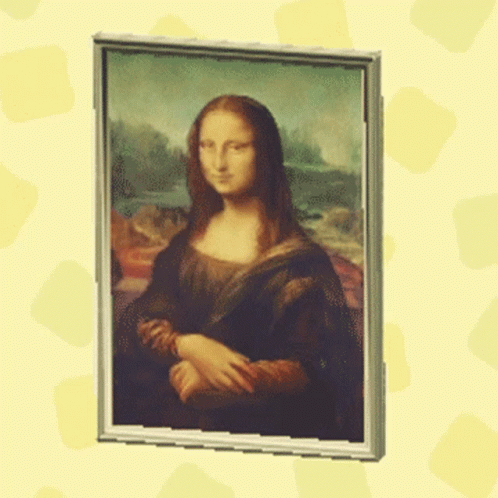 A Painting Of A Woman With Long Hair Is Framed On A Yellow Background . GIF