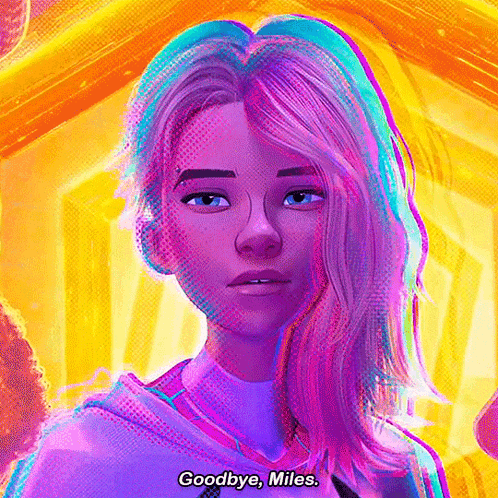 A Painting Of A Woman With Purple Hair And The Words Goodbye Miles GIF
