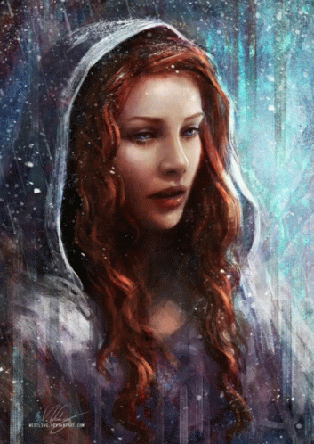 A Painting Of A Woman With Red Hair And A White Hood Has The Website Www.westline.deviantart.com On The Bottom GIF