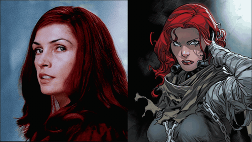 A Painting Of A Woman With Red Hair Next To A Drawing Of A Woman With Chains Around Her Neck GIF