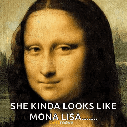 A Painting Of A Woman With The Caption She Kinda Looks Like Mona Lisa GIF