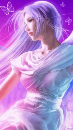A Painting Of A Woman With White Hair And Butterflies Flying Around Her GIF
