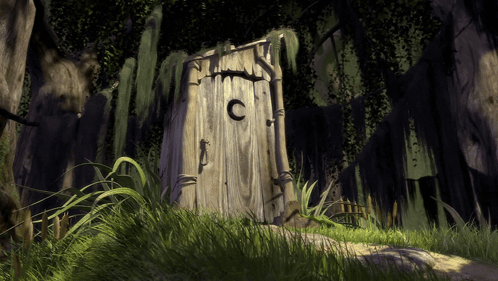 A Painting Of A Wooden Outhouse With The Letter C On It GIF