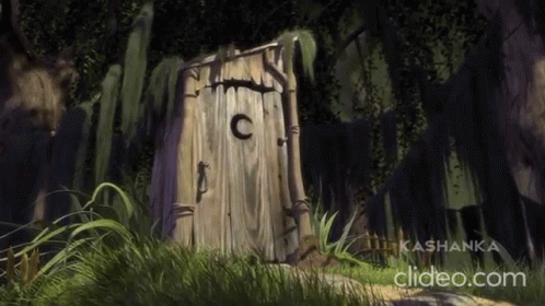 A Painting Of A Wooden Outhouse With The Letter C On It GIF