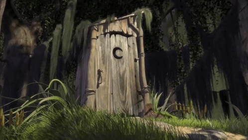 A Painting Of A Wooden Outhouse With The Letter C On It GIF
