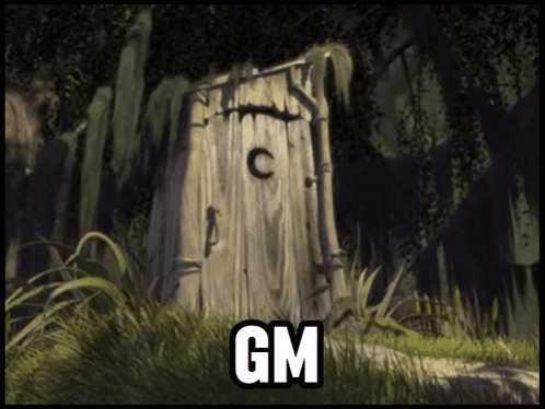A Painting Of A Wooden Toilet With The Word Gm On The Bottom GIF