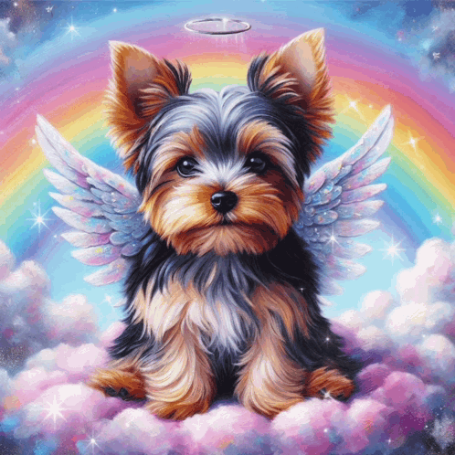 A Painting Of A Yorkshire Terrier With Angel Wings And A Halo GIF