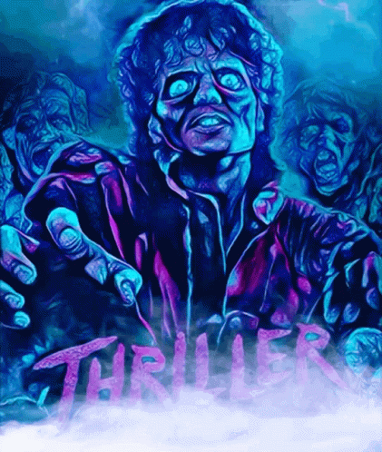 A Painting Of A Zombie With The Word Thriller Written In Pink GIF