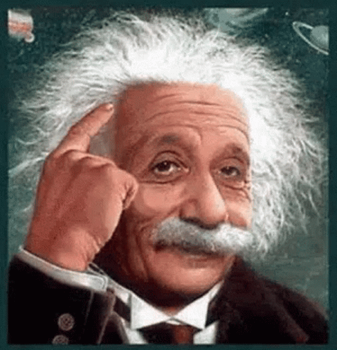 A Painting Of Albert Einstein With A Mustache Pointing At His Head . GIF