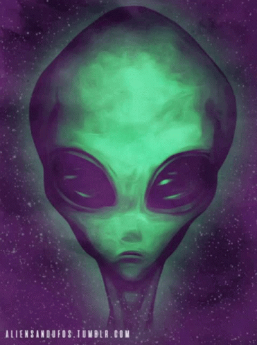 A Painting Of An Alien With The Website Aliensanufos.tumblr.com Written Below It GIF