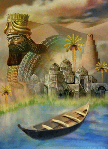 A Painting Of An Ancient City With A Boat In The Foreground GIF