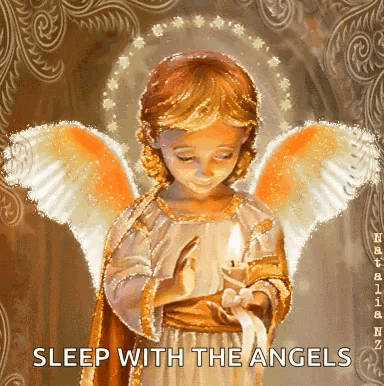 A Painting Of An Angel Holding A Lit Candle With The Words Sleep With The Angels Below It GIF