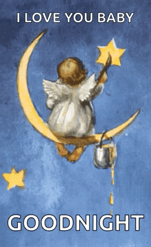 A Painting Of An Angel Sitting On A Crescent Moon Holding A Star And Saying I Love You Baby Goodnight GIF