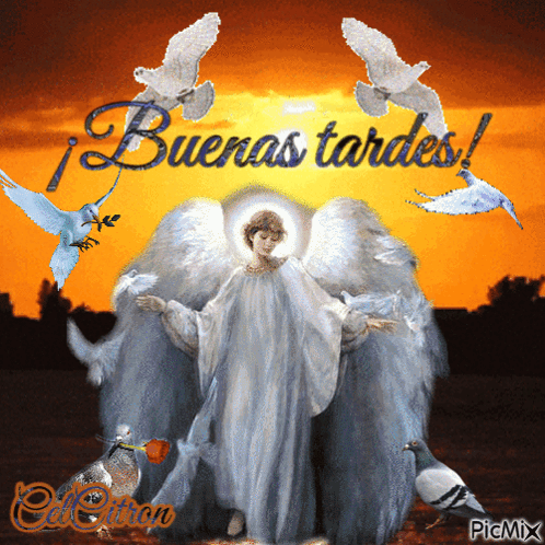 A Painting Of An Angel With The Words Buenas Tardes Written On It GIF