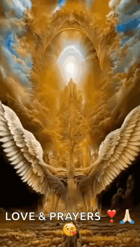 A Painting Of An Angel With Wings Spread In The Sky With The Words `` Love & Prayers '' . GIF