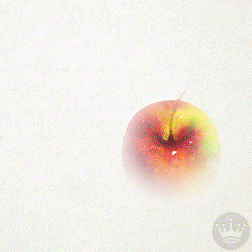 a painting of an apple with a green leaf on a white background