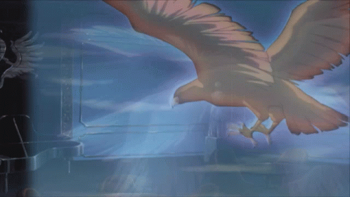 A Painting Of An Eagle Flying In A Dark Room GIF