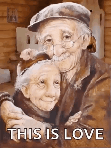 A Painting Of An Elderly Couple Hugging Each Other With The Words `` This Is Love '' . GIF