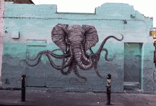 A Painting Of An Octopus Holding An Elephant 'S Head GIF