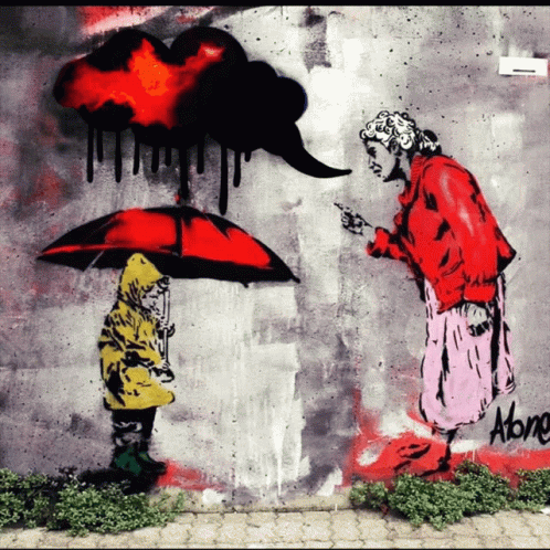 A Painting Of An Older Woman Talking To A Young Boy With An Umbrella GIF