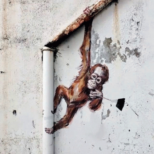 A Painting Of An Orangutan Hanging From A Pipe On A Wall GIF