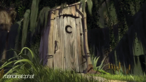 A Painting Of An Outhouse With The Letter C On It GIF