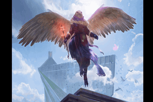 A Painting Of An Owl With Wings And A Torch GIF