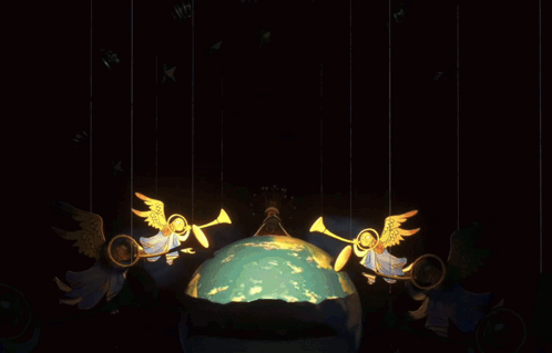 A Painting Of Angels And A Globe With A Chandelier GIF